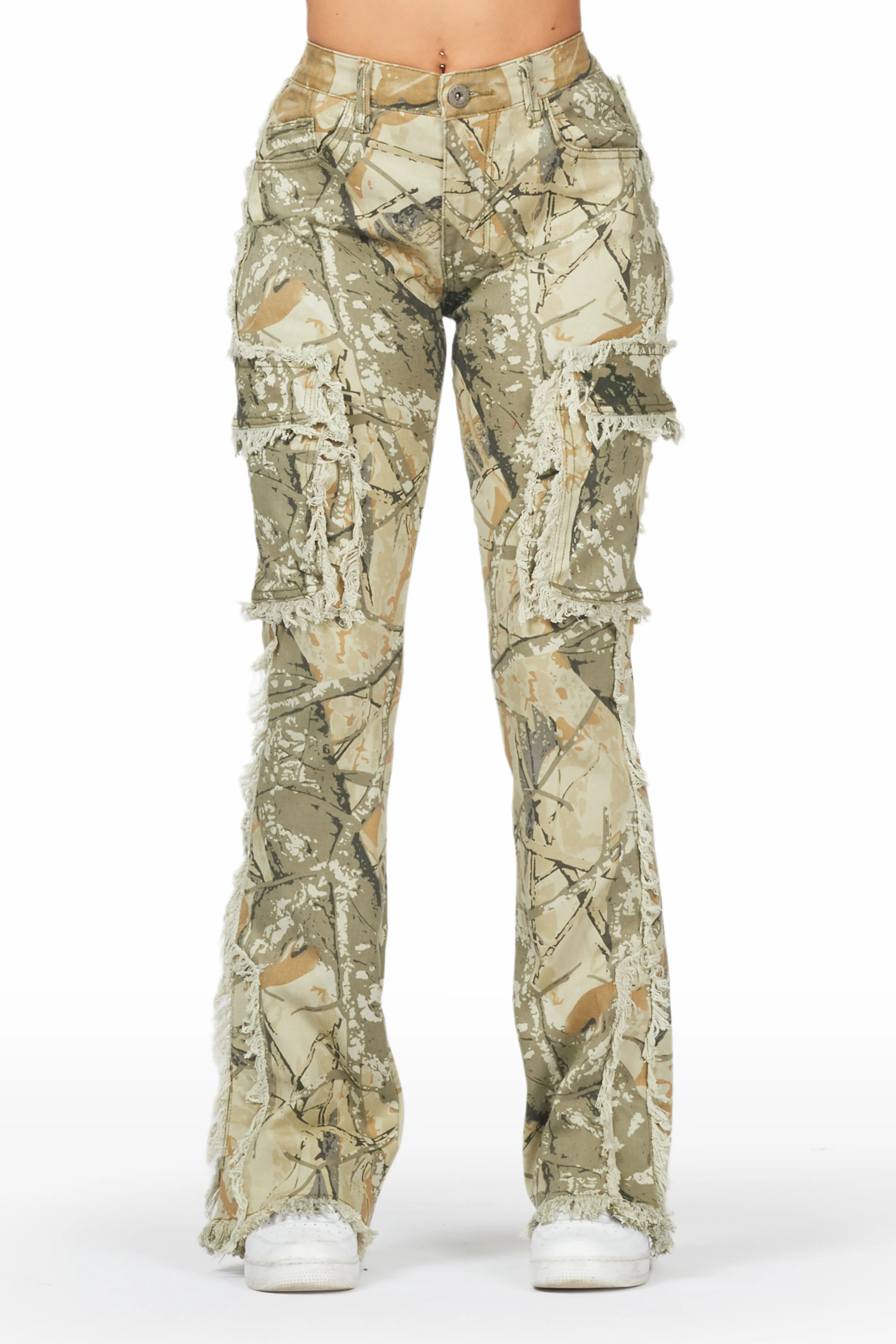 Kassidy Tree Camo Stacked Flare Jean Trendy Cut-Off Denim Shorts