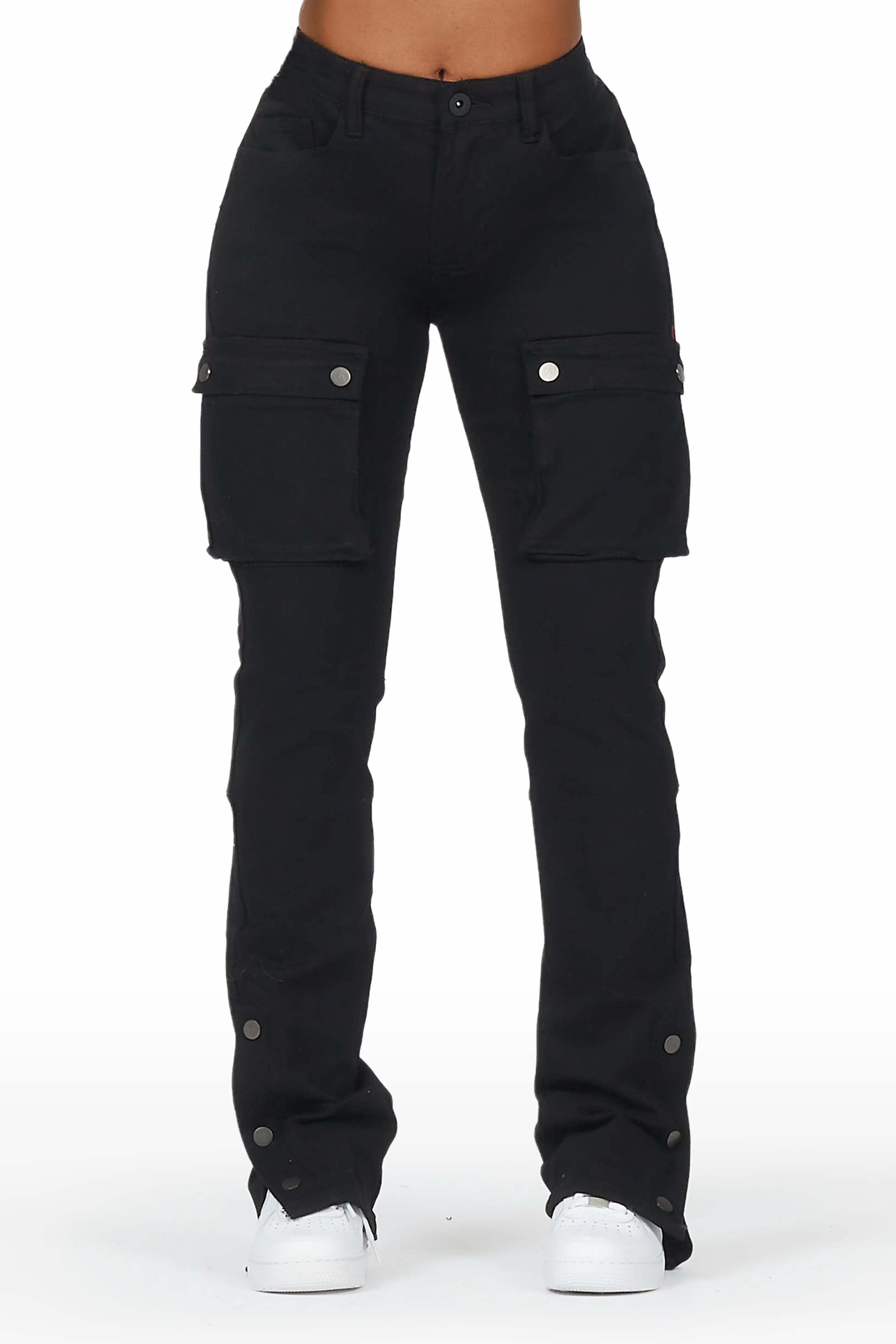Kathryn Black Stacked Flare Jean Trendy Patchwork Denim Jeans