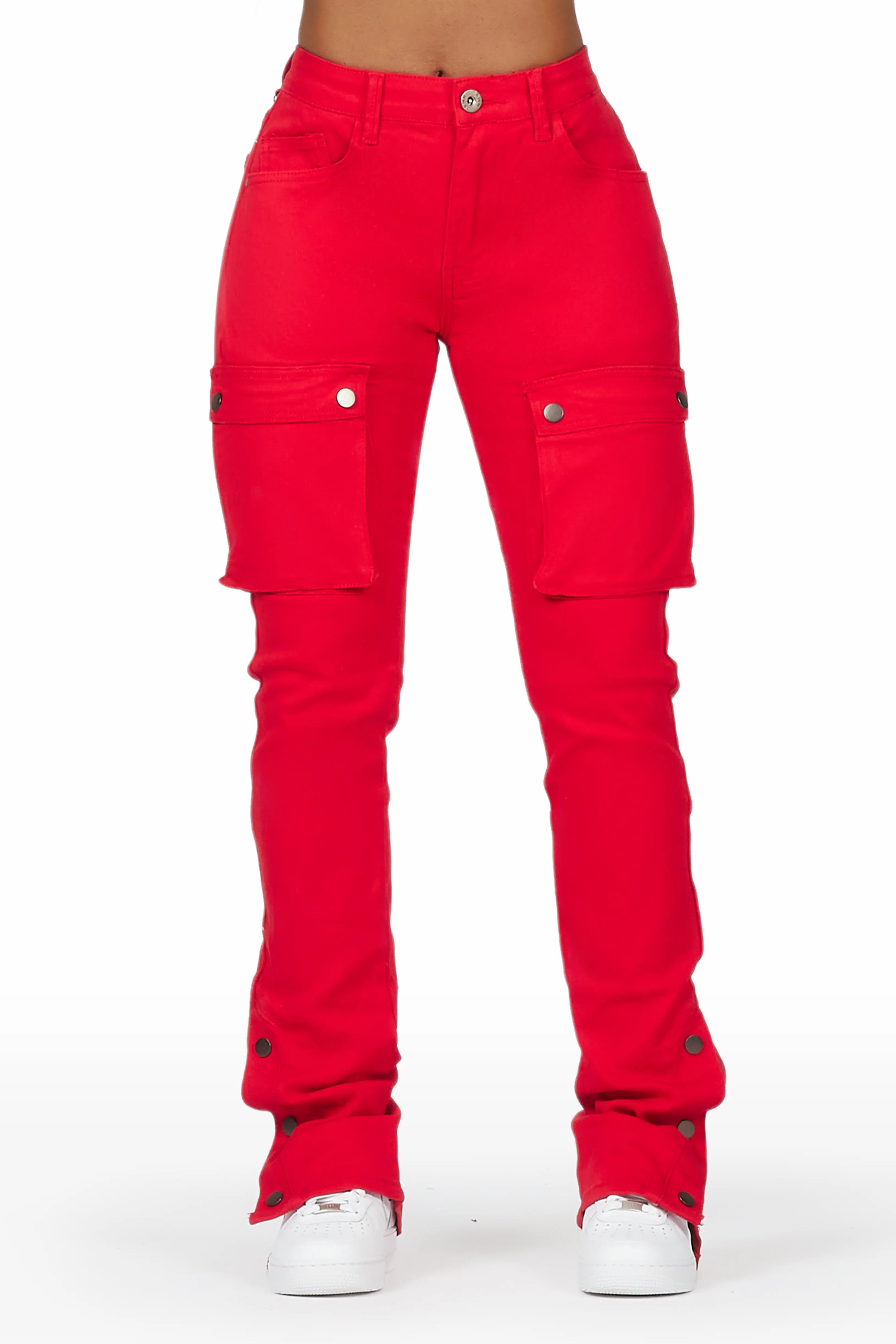 Kathryn Red Stacked Flare Jean Comfortable Low-Rise Jeans
