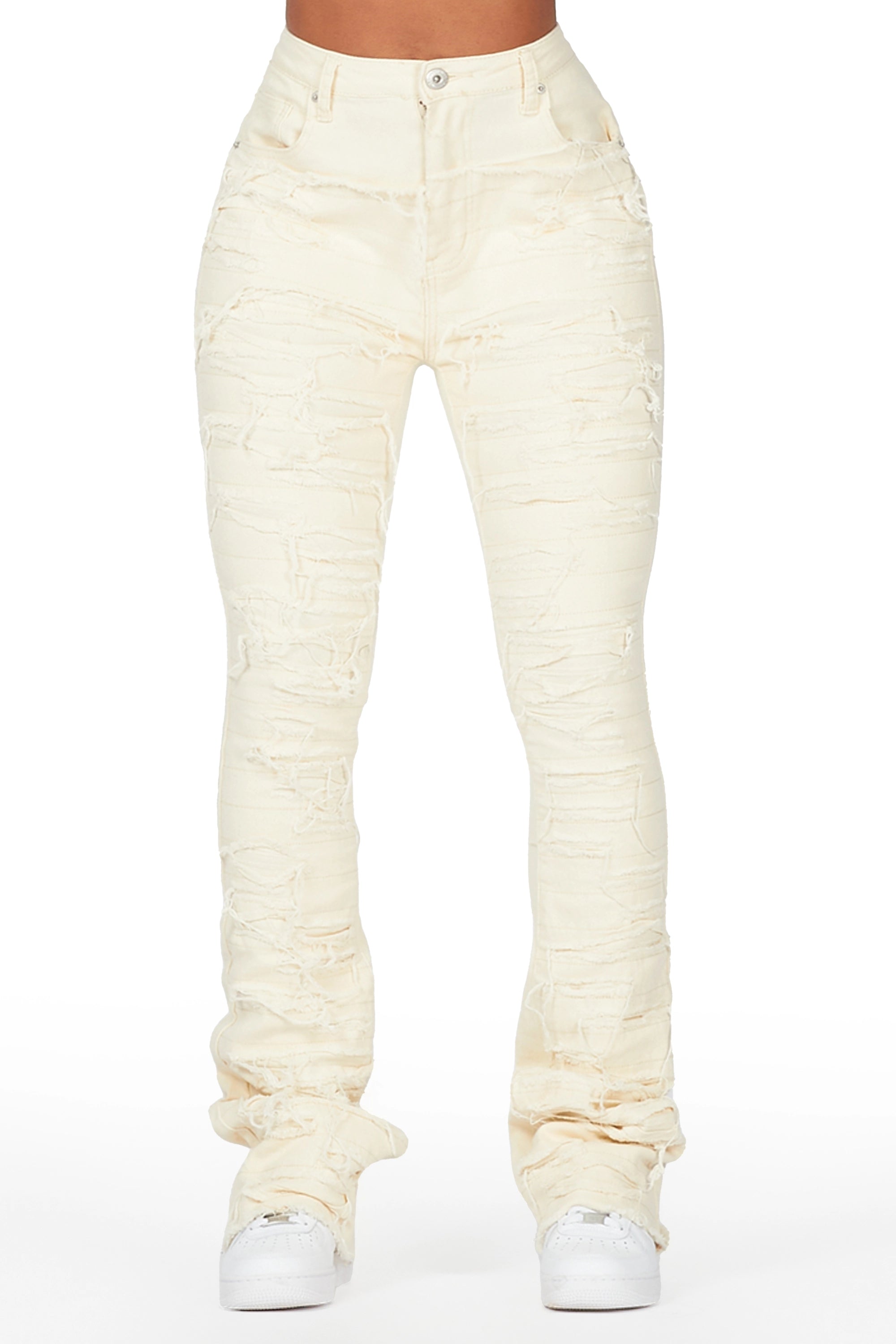 Shareya Beige Stacked Flare Jean Elegant Dark-Wash Bootcut Jeans