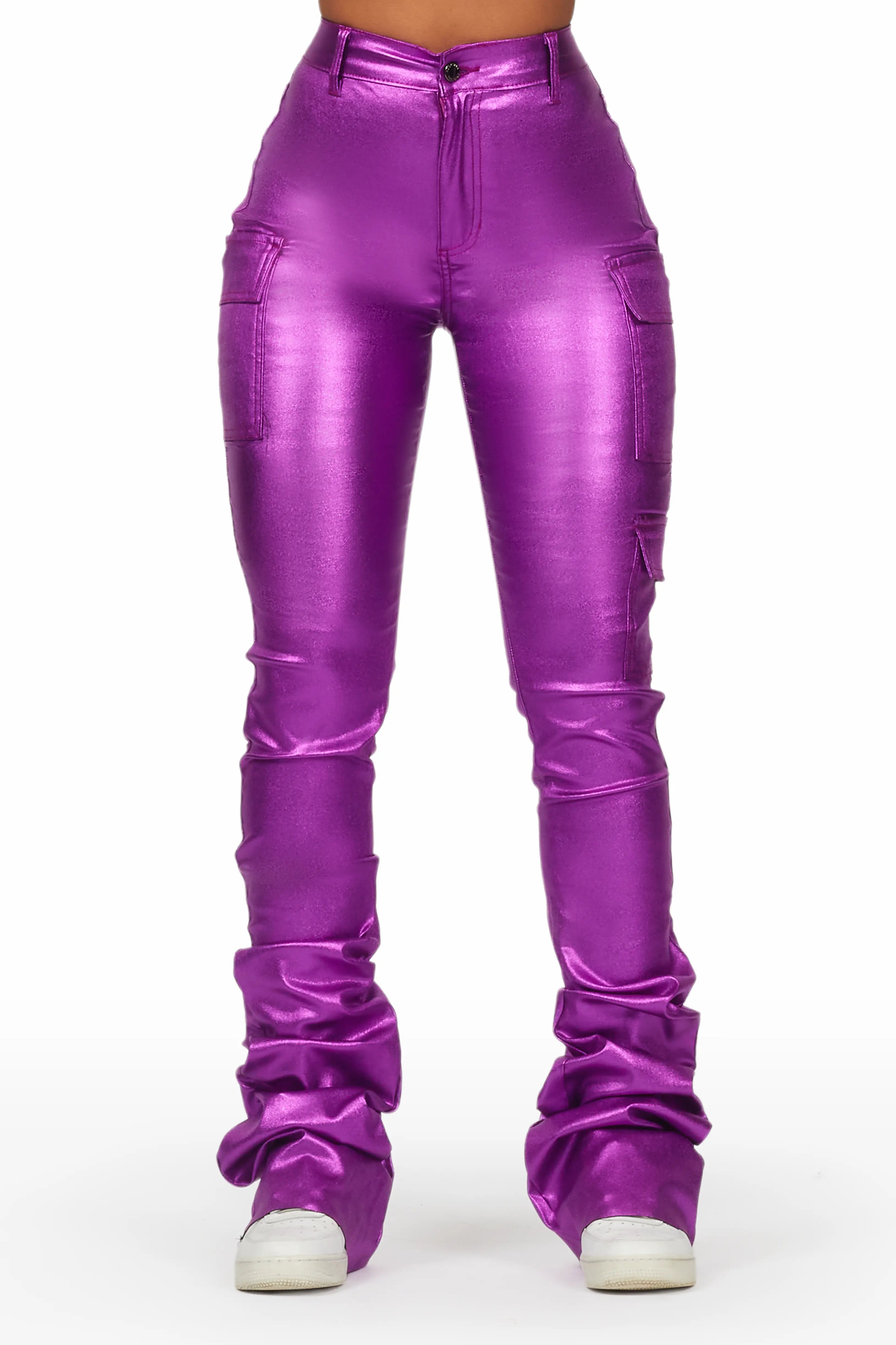 Vixen Metallic Purple Cargo Super Stacked Pant Chic Faux Leather Pants