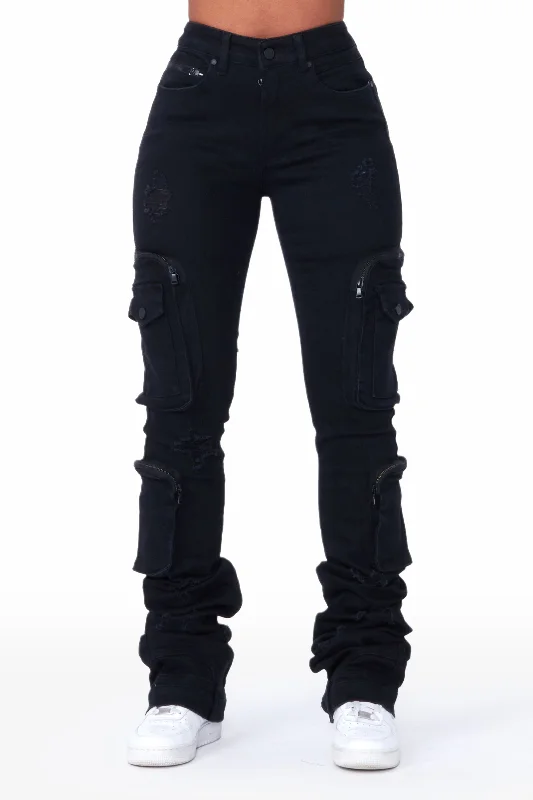 Alisson Black Cargo Super Stacked Jean Casual Wide-Legged Denim Jeans