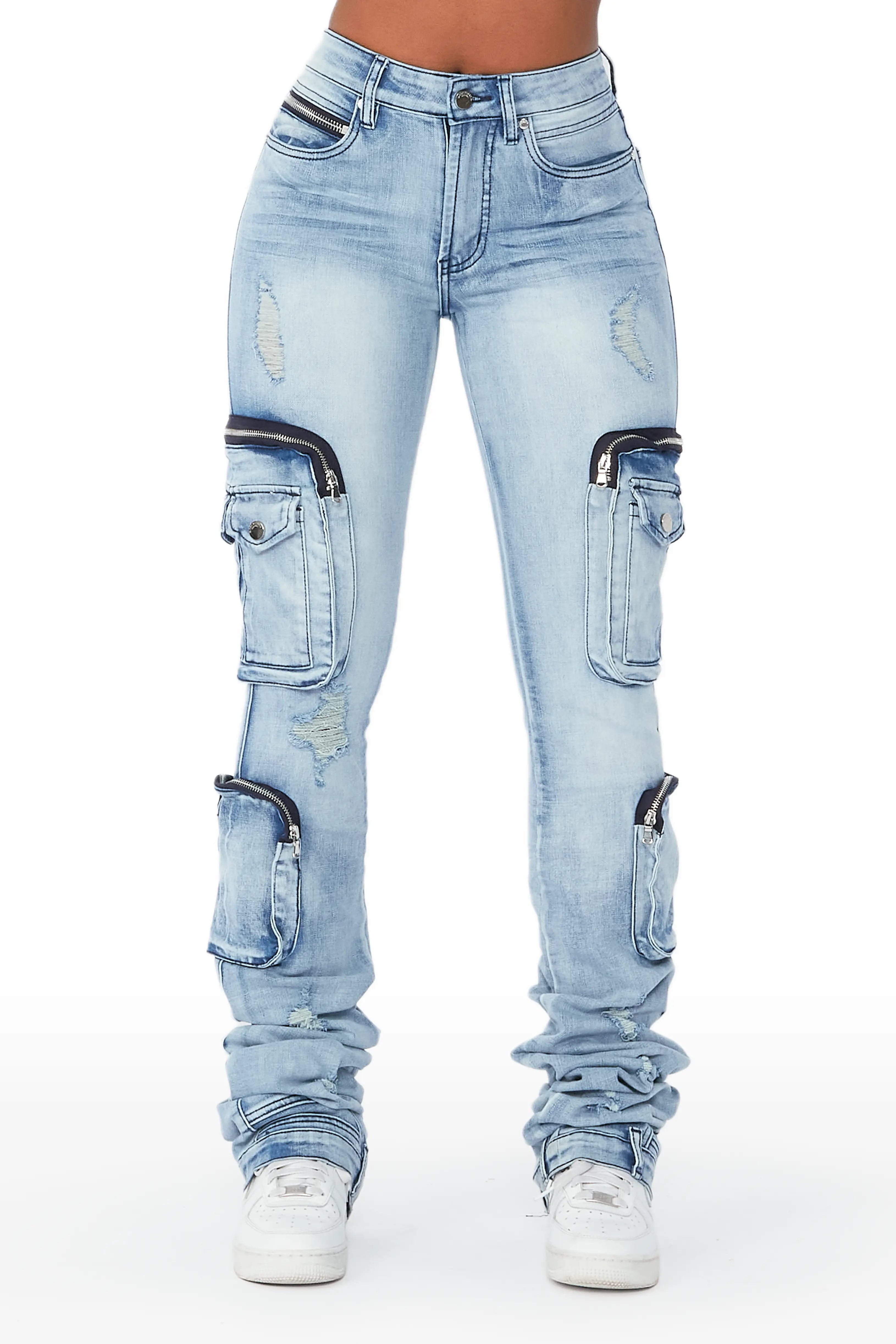 Alisson Light Wash Cargo Super Stacked Jean Fashionable Relaxed Fit Denim