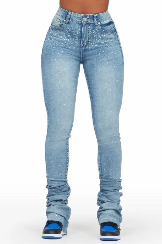 Misty Light Wash Rhinestone Super Stacked Jean Classic Blue Denim Jeans