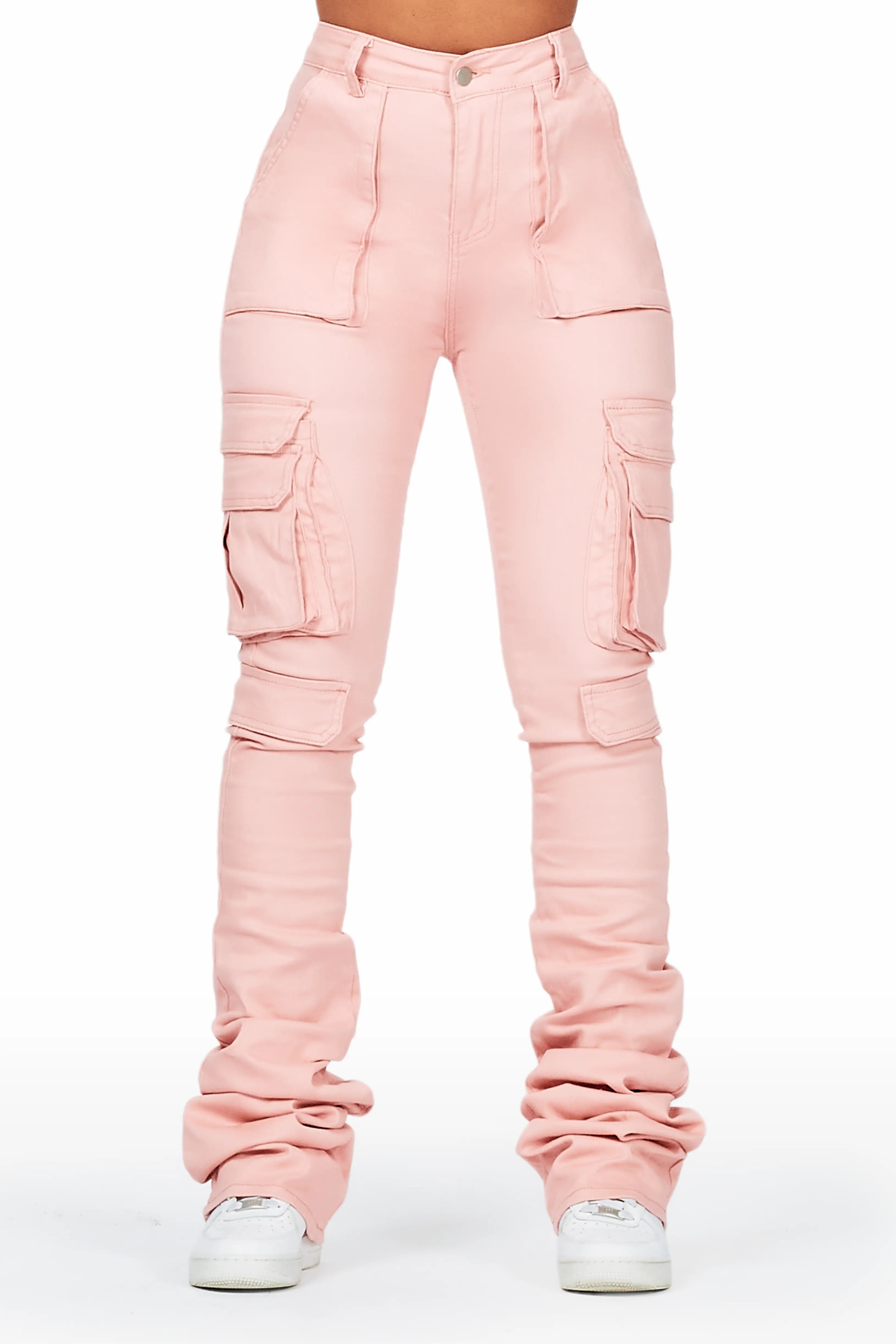 Amberita Pink Cargo Super Stacked Jean Trendy Paperbag Waist Jeans