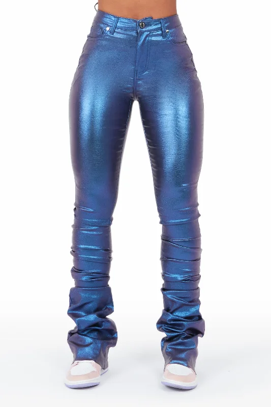 The Drama Metallic Blue PU Super Stacked Pant Chic Checkered Pants