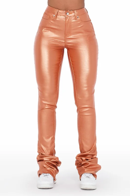 The Drama Metallic Orange PU Super Stacked Pant Cozy Knit Pants