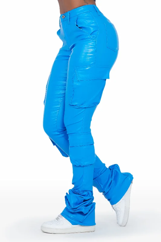 Miracle Blue PU Cargo Super Stacked Pant Comfortable Denim Pants