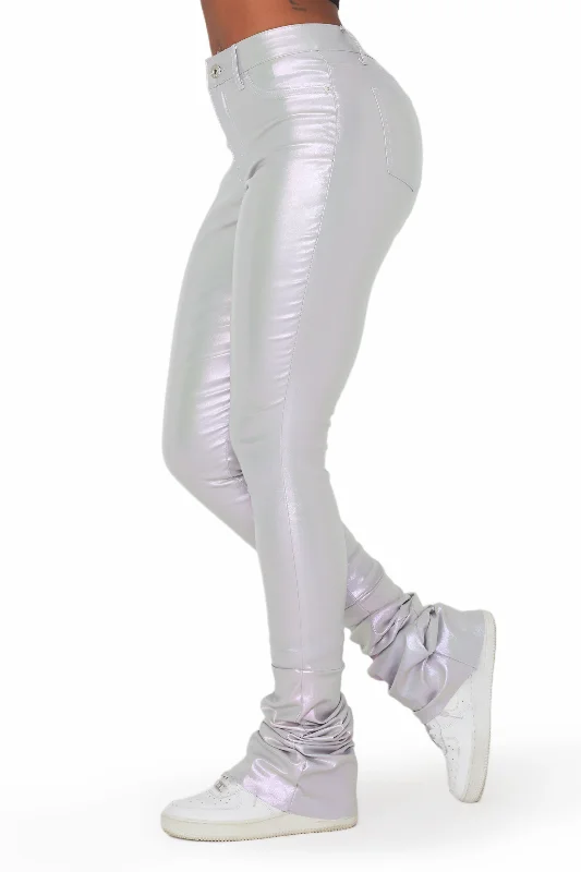Zaniyah Metallic Silver PU Super Stacked Pant Slim-Fit Leggings