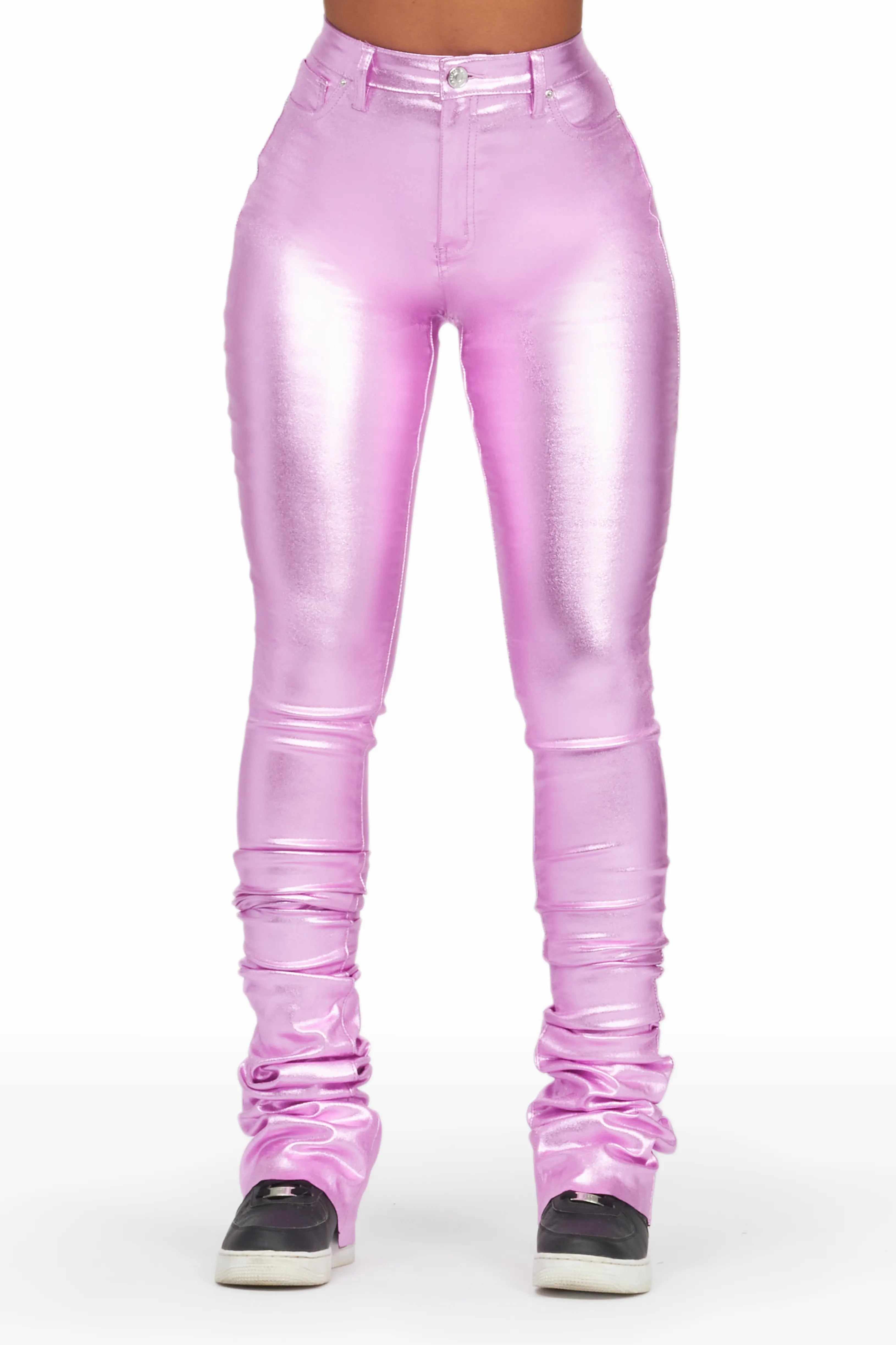 Keyonna Metallic Purple PU Super Stacked Pant Formal Dress Pants