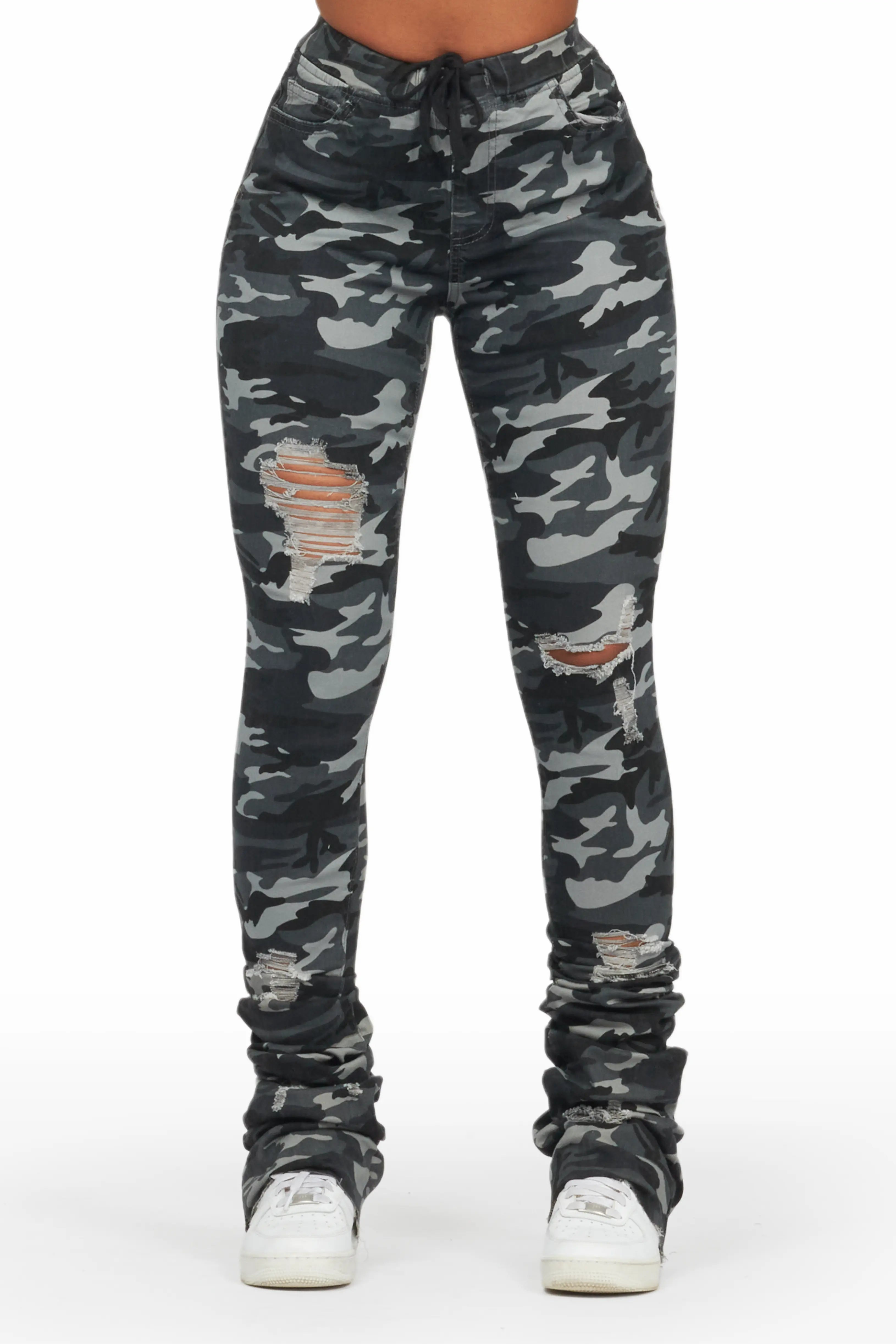 Jaydan Grey Camo Super Stacked Pant Trendy Tapered Pants
