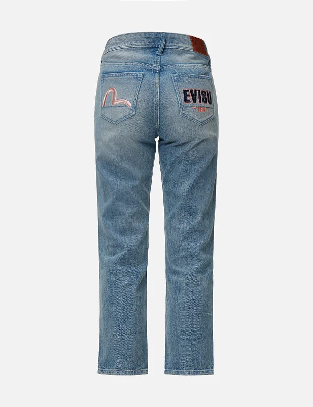 Seagull and Logo Embroidered Relax Fit Jeans Casual Light Wash Jeans