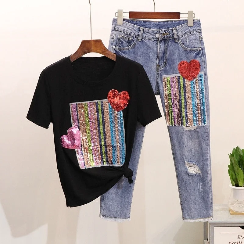 Sequined T-shirts & Denim Jeans Comfortable Zip-Up Skinny Jeans