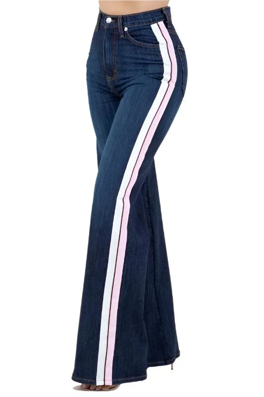 Striped Wide Leg Pant in Dark Denim Comfortable Denim Trousers