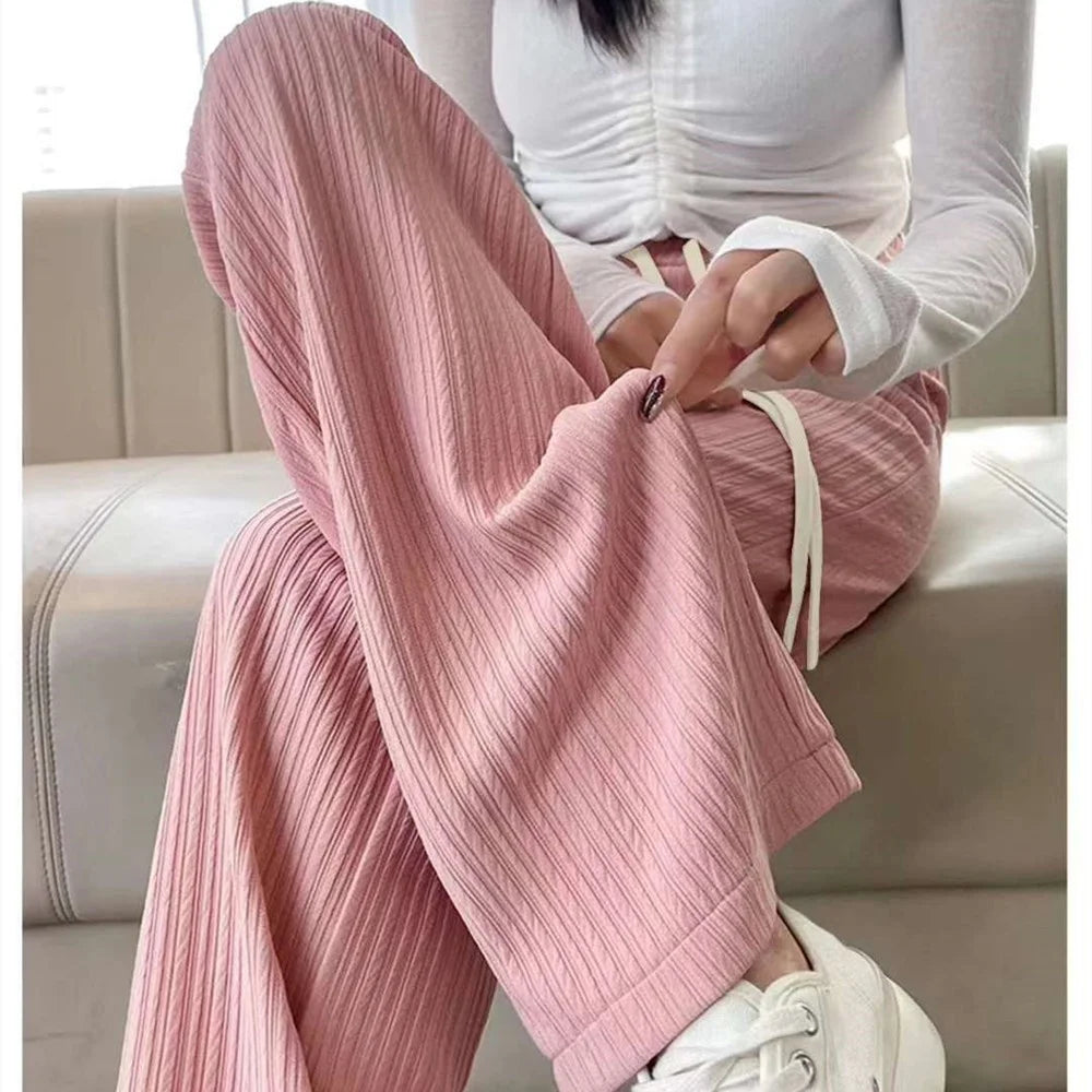 Summer Trendy Women's Solid Elastic Waist Drawstring Wide Leg Pants Relaxed High-Waist Trousers