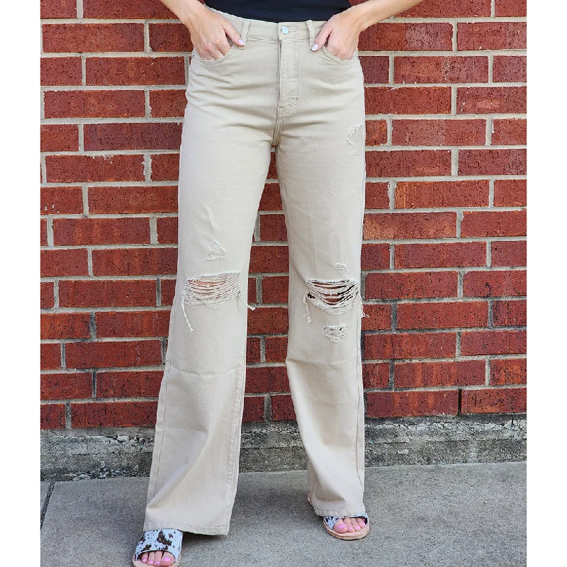 KanCan Taupe 90's Ultra High Rise Wide Leg Jean Fashionable Frayed Hem Denim