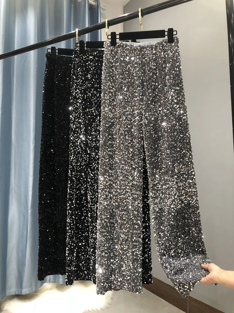 Women's Fashion Trendy Sparkling Gold Pants Relaxation of Tall Waist Wide-legged Formal Slim Pants