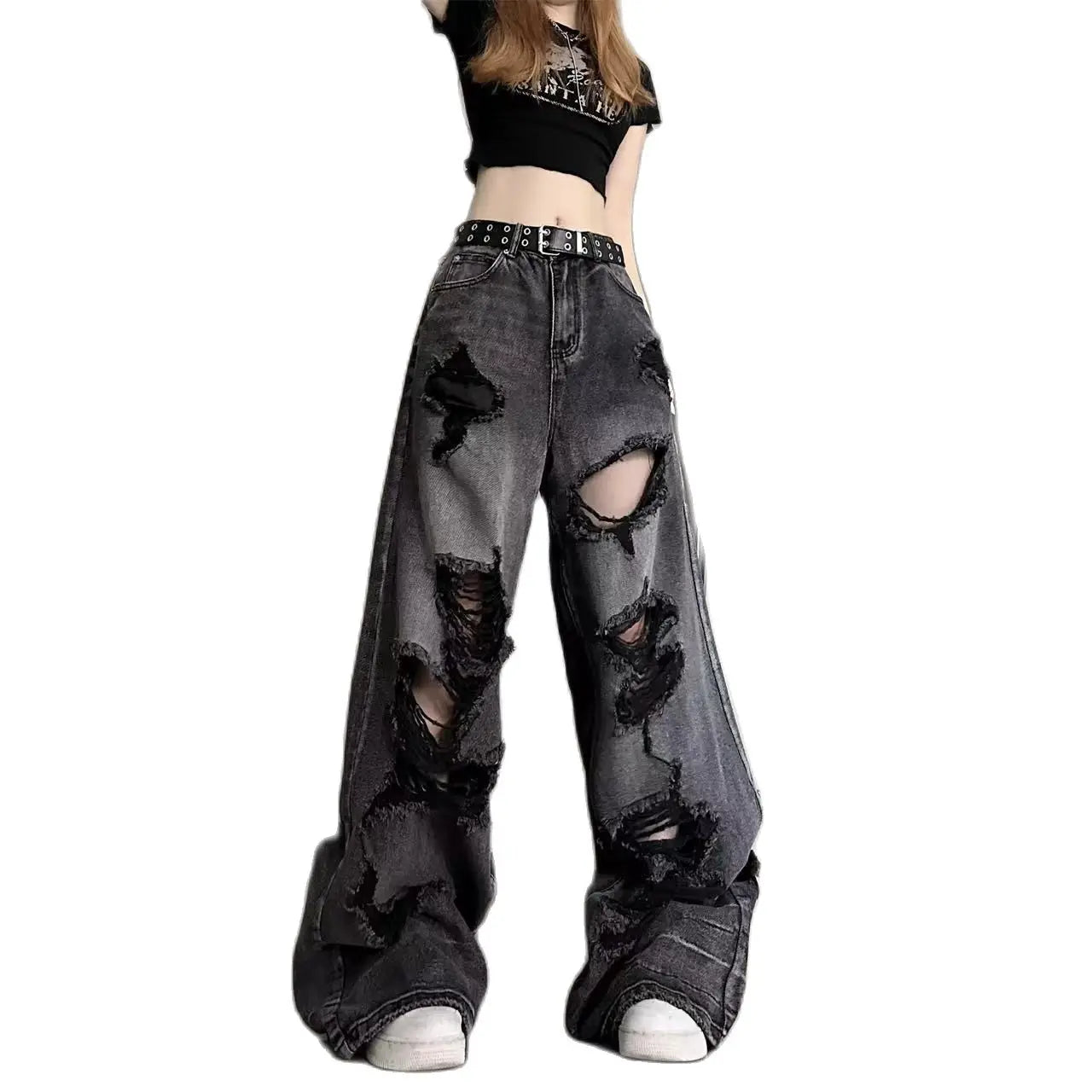 Vintage High Waist Denim Pants Ripped Jeans Women Fashion Loose Wide Leg Elegant Wide-Leg Jeans
