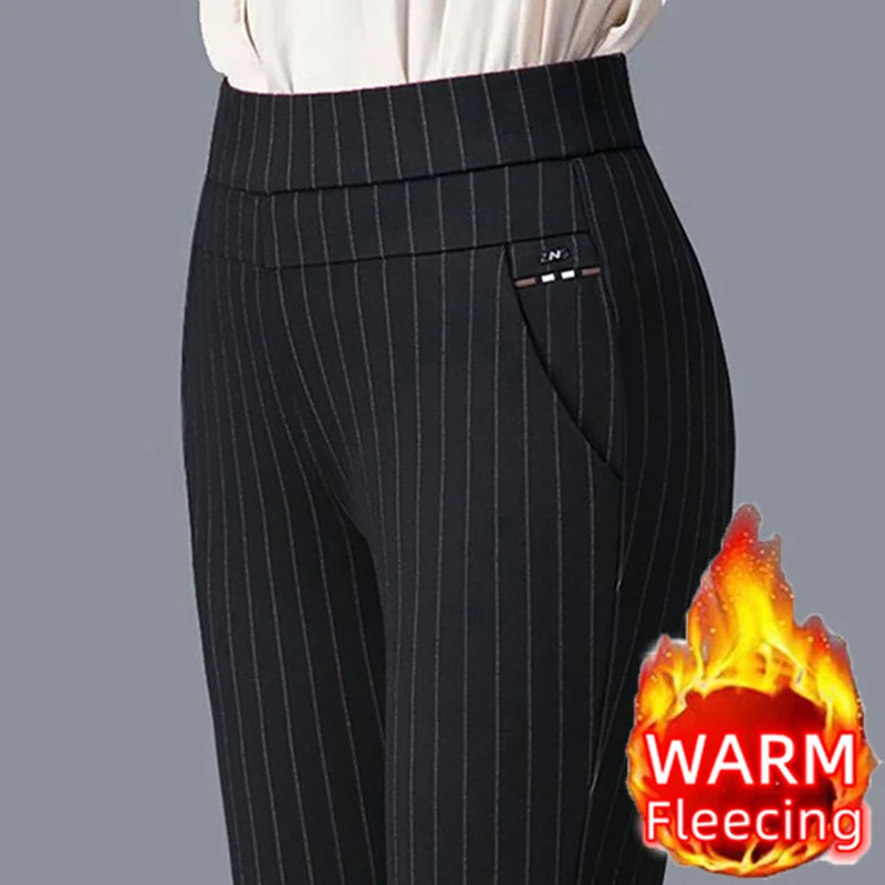 Warm Winter Pencil Pants Fleecing Thermal Womens Relaxed High-Waist Trousers