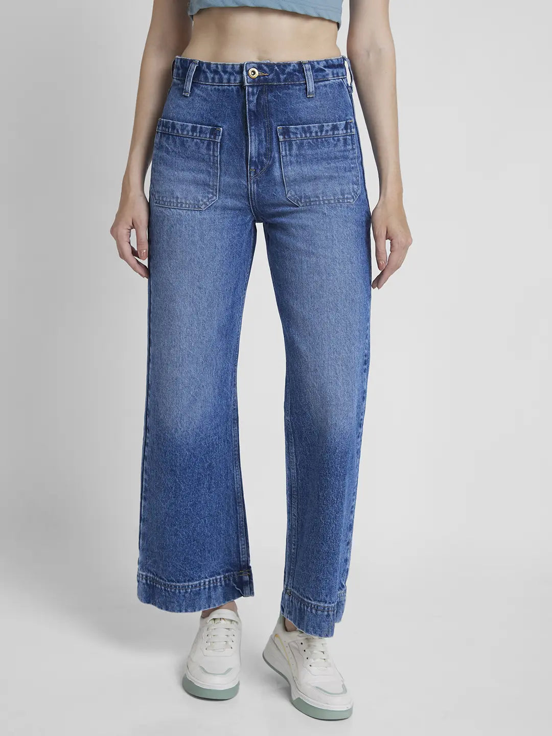 Spykar Women Dark Blue Cotton Wide Leg Fit Ankle Length Clean Look Jeans -(Bella-Wide Leg) Chic Rip-Detail High-Waist Jeans