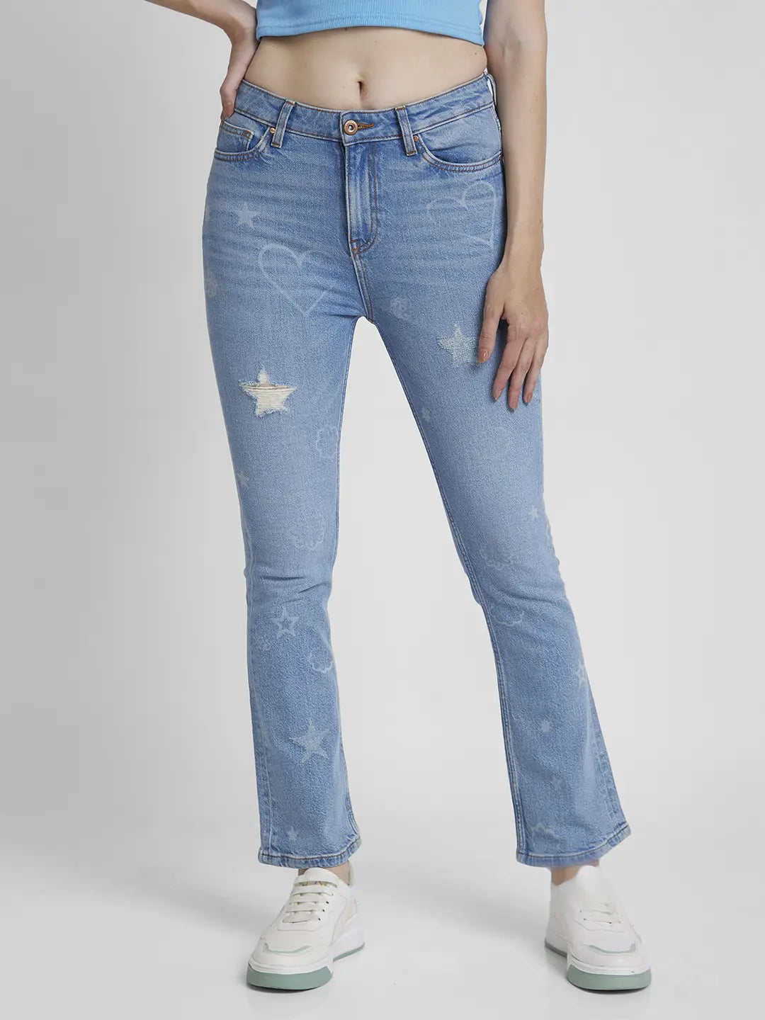Spykar Women Light Blue Lycra Bootcut Fit Ankle Length Mild Distressed Jeans -(Elissa) Fashionable Raw Edge Jeans