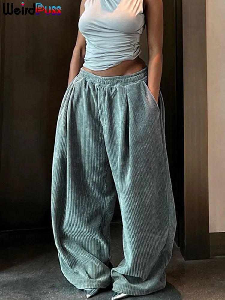 Casual Wide-Leg Pants Women Autumn Loose Simple Basic Pocket Comfortable Fleece Pants