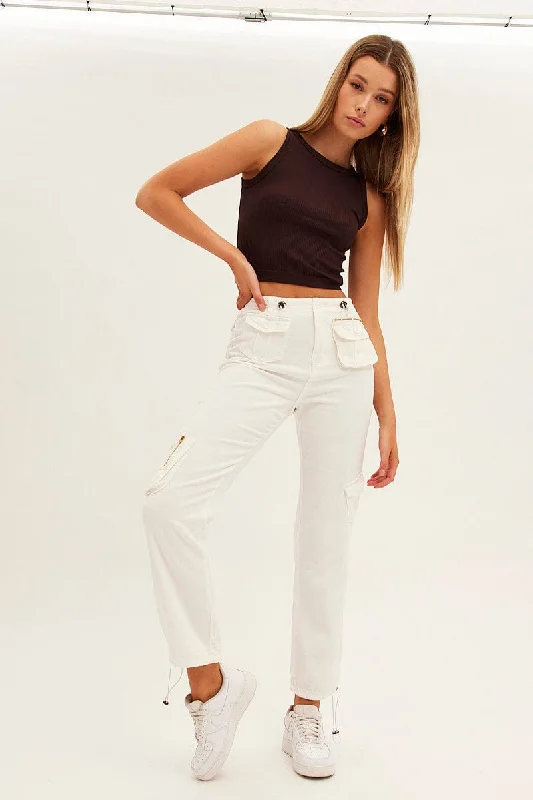 White Wide Leg Denim Cargo Pants Cozy Jogger Leggings
