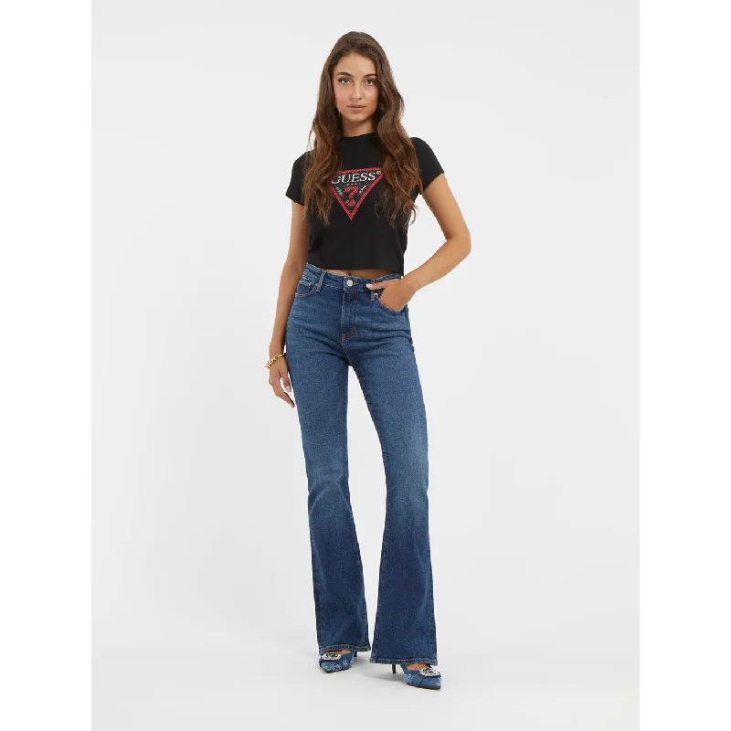 Blue High Rise Flare Jeans Trendy Wide-Leg High-Waist Denim