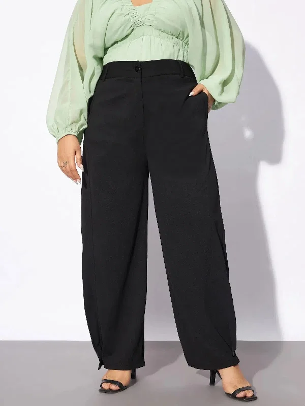 Women Black Hem Button Detail Straight Pants Fashionable Track Pants
