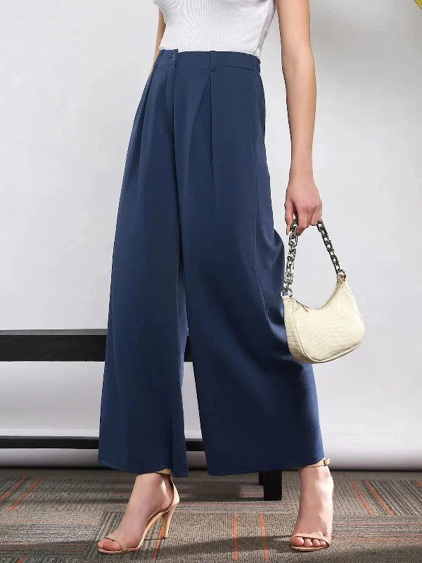 Women Blue Front Pleated Loose Fit Korean Pants Formal Dress Pants