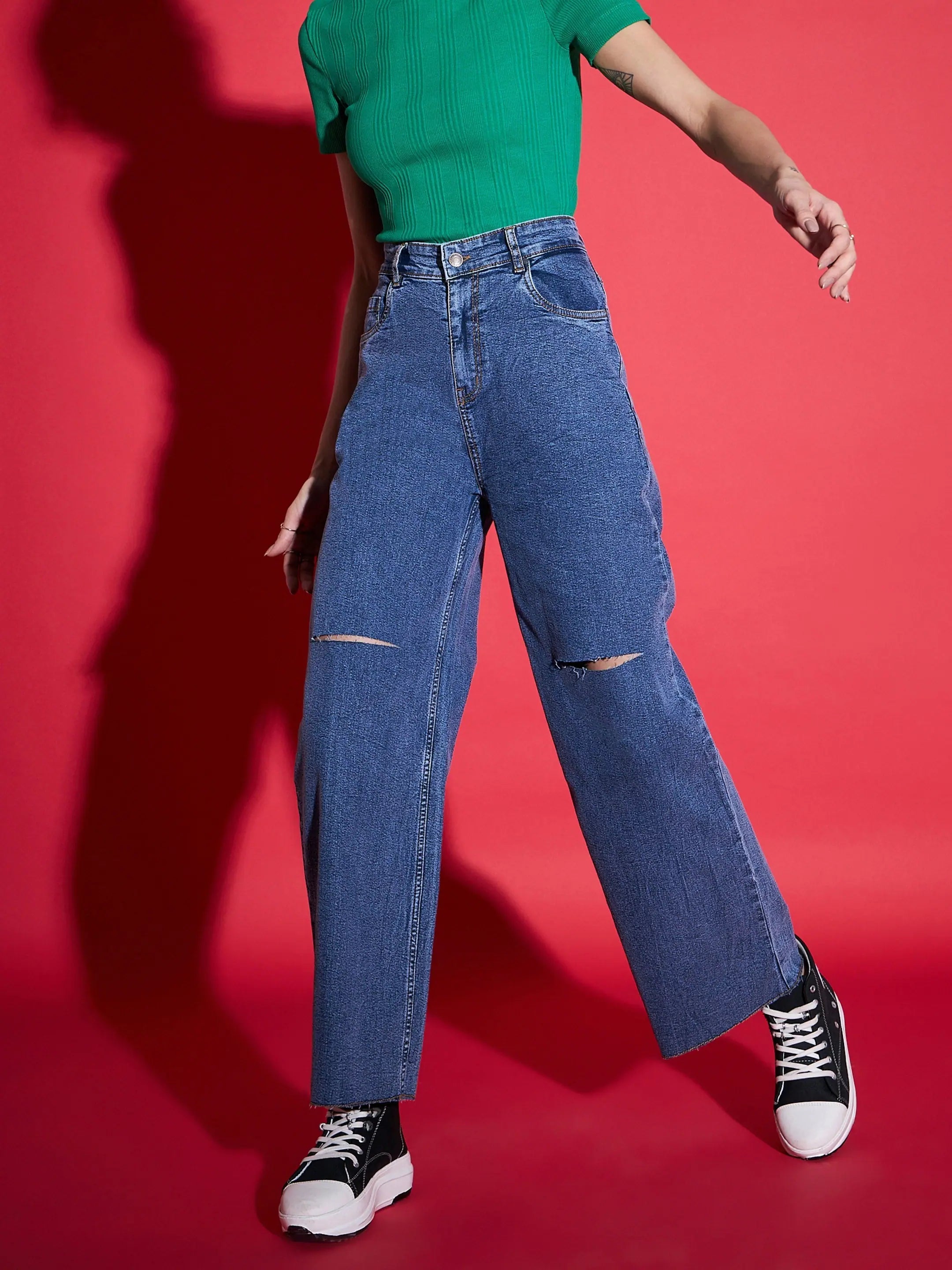 Women Navy Denim Premium Knee Slit Straight Jeans Comfortable Low-Rise Jeans