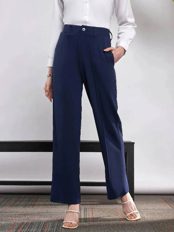 Women Navy Front Darted Knitted Straight Pants Elegant Palazzo Trousers