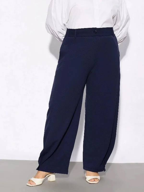 Women Navy Hem Button Detail Straight Pants Soft Stretch Leggings