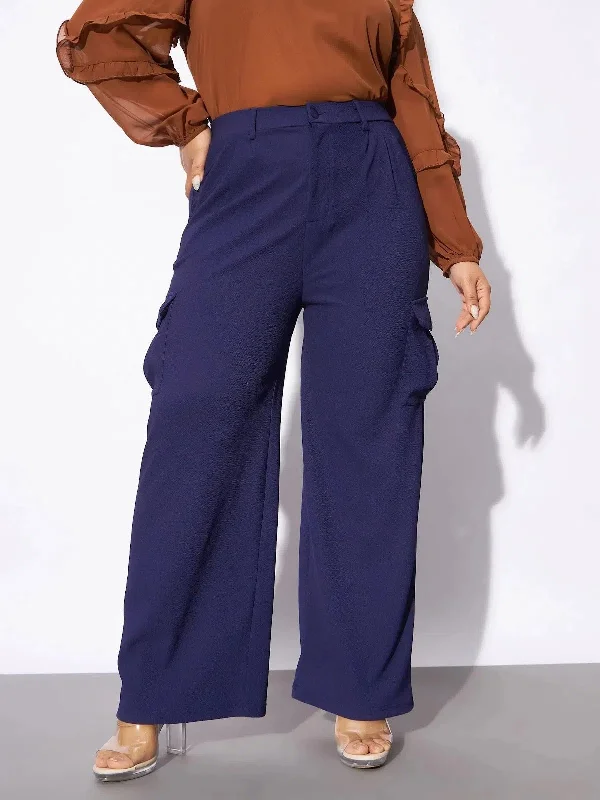Women Navy Pleated Detail Straight Pants Comfortable Maternity Pants