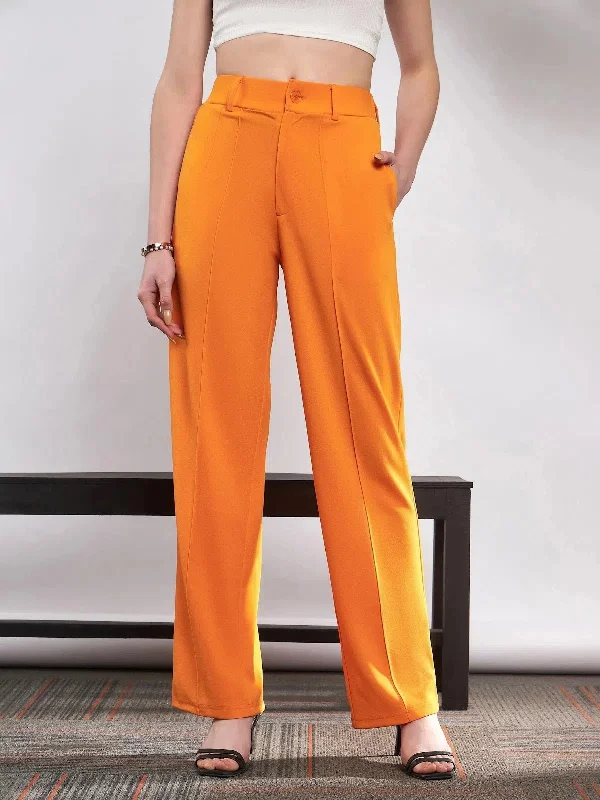Women Orange Front Darted Knitted Straight Pants Formal Slim Pants