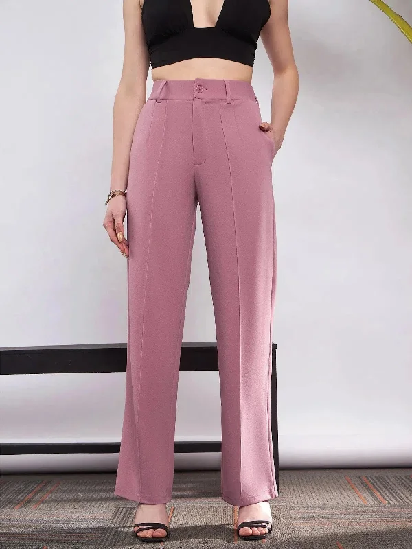 Women Pink Front Darted Knitted Straight Pants Stylish Slim Trousers