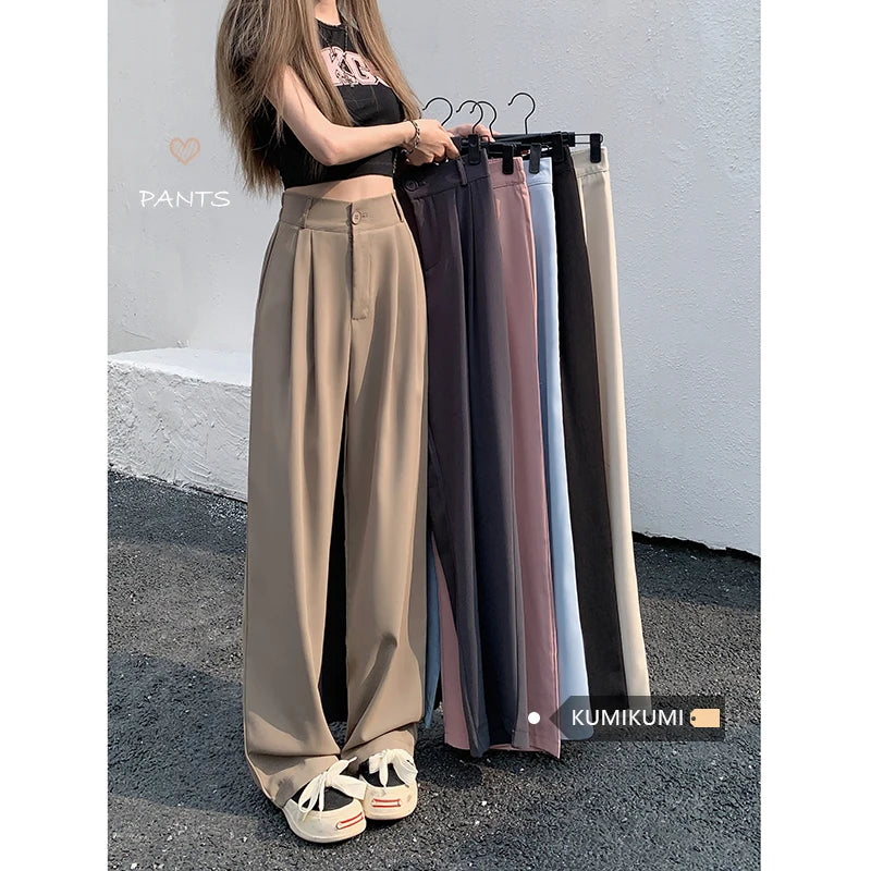 Women Suit Pants Elastic Waist Slimming Casual Pants Autumn Loose Wide Leg Pants Chic Wool Trousers