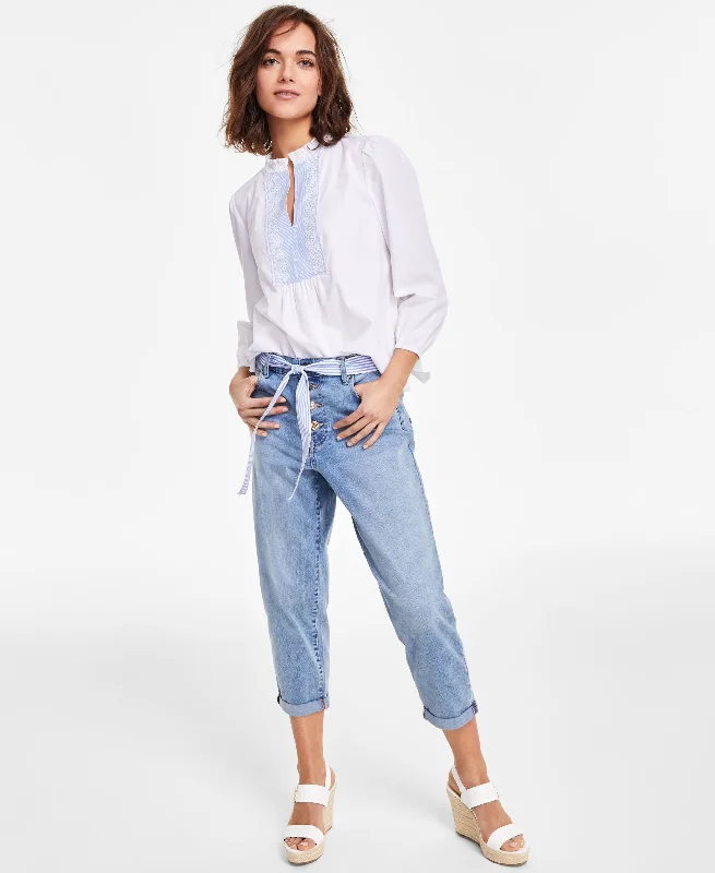 Women's Cropped Faded Tie-Belt Jeans Comfortable Full-Length Denim Jeans