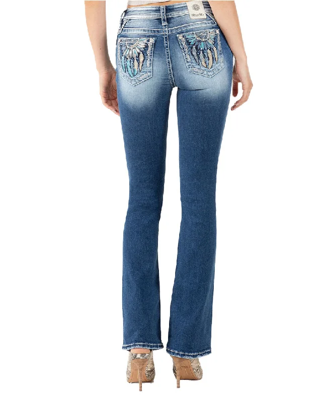 Women's Feathered Dreamcatcher Mid-Rise Bootcut Jeans Comfortable Stretch Fit Jeans