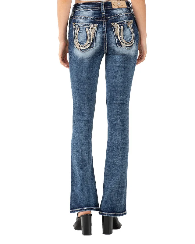 Women's Feathered Horseshoe Mid-Rise Bootcut Jeans Fashionable Relaxed Fit Denim