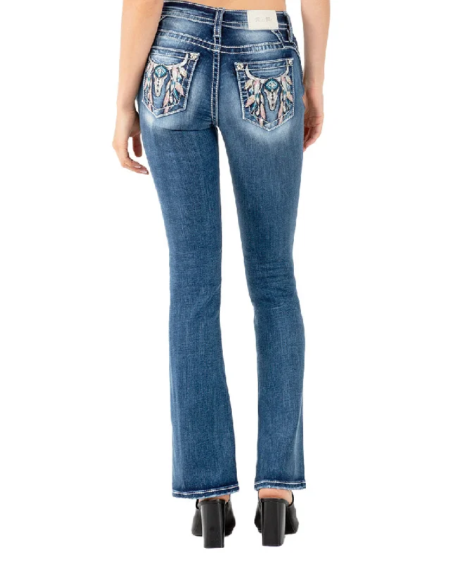 Women's Feathered Longhorn Mid-Rise Bootcut Jeans Stylish Plus Size Denim Jeans