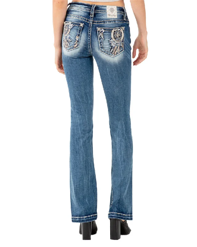 Women's Floral Dreamcatcher Mid-Rise Bootcut Jeans Stylish Shredded Denim Jeans