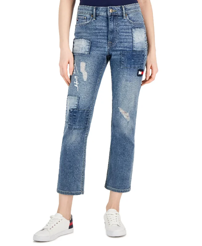 Women's Patchwork Tribeca Ankle Jeans Trendy Wide-Legged High-Waist Jeans