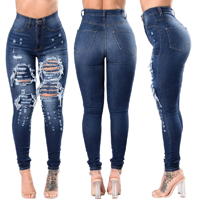 Women's Ripped Denim Washed Denim Pants Classic Chino Pants
