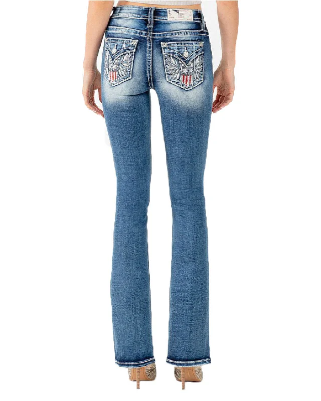 Women's Stars, Stripes, & Wings Mid-Rise Bootcut Jeans Comfortable Folded Hem Jeans