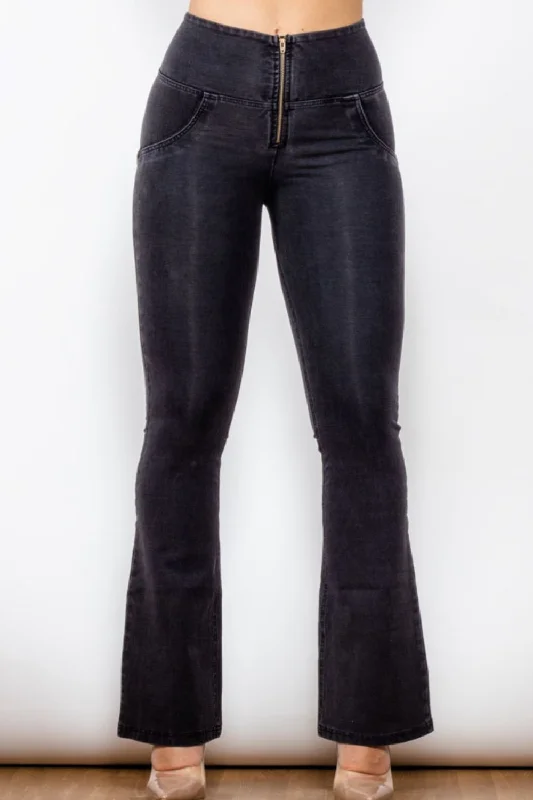Zip Detail Flare Long Jeans Fashionable Vintage Wash Jeans