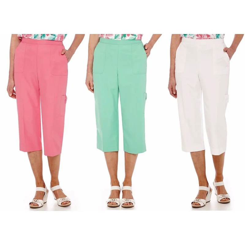 Alfred Dunner Pink or Green Pull on Flat Front Capri Pants Plus Size Trendy Wide-Leg Pants
