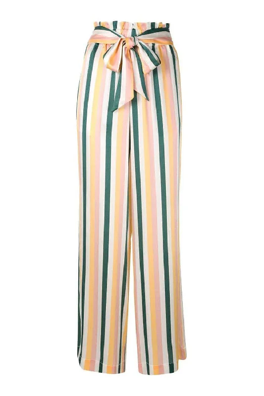 ASCENO 100% Silk Multi Stripe Wide Leg Palazzo Pants (M) Trendy Printed Leggings