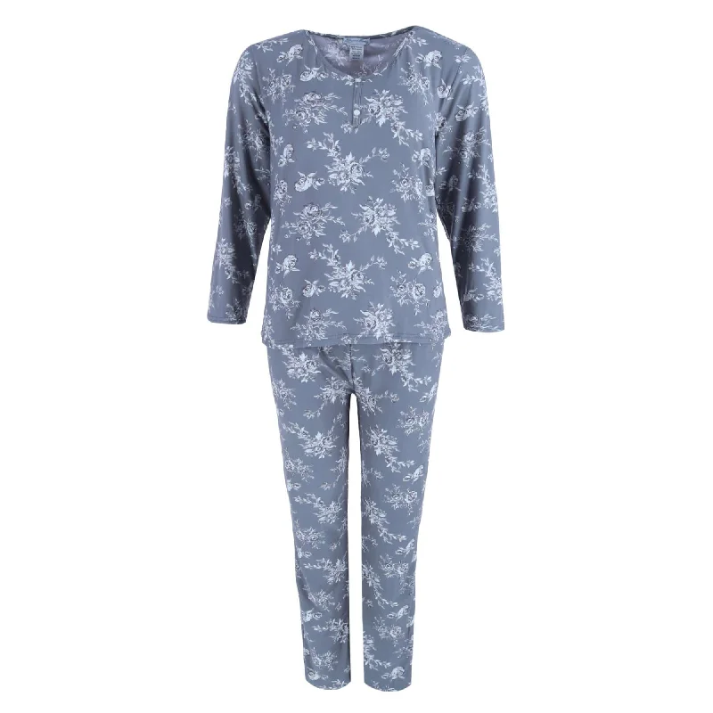 Elegant Emily Women's Henley & Pant Grey Floral Set Trendy Wide-Leg Pants