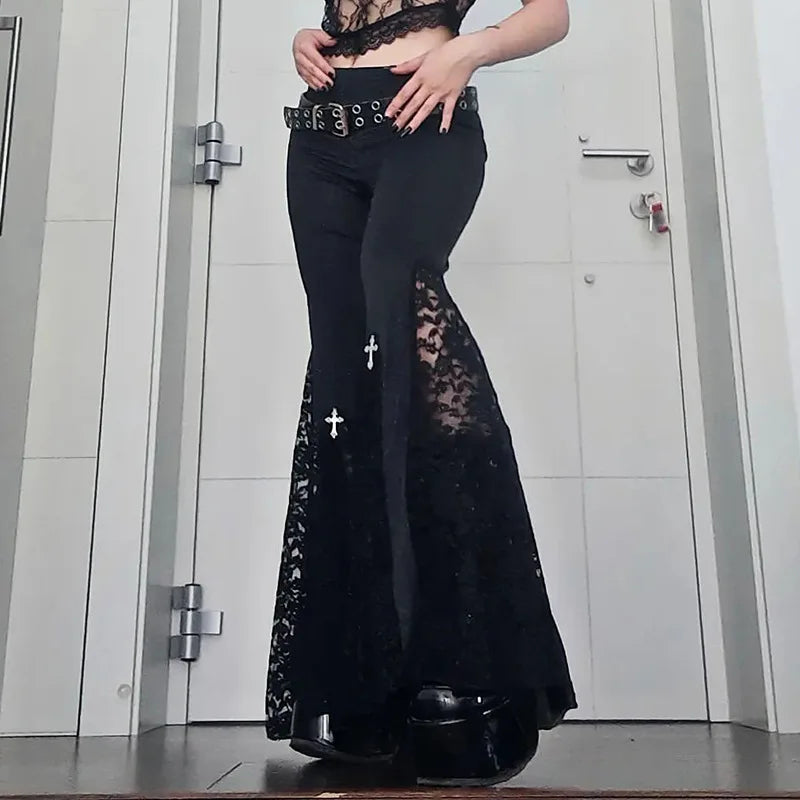 Flare Pants Black Lace Patchwork High Waist Vintage Pants Comfy Athletic Pants